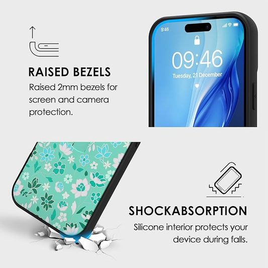 Compatible with iPhone 17 Case with Finger Hand Strap Kickstand, Cute Flowers Floral Phone Case for Girls Women Men, Full Camera Protection Shockproof Protective Cover, Green Flowers
