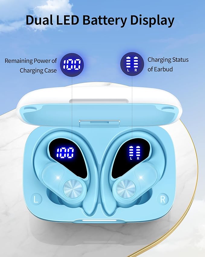 PocBuds Bluetooth Headphones Wireless Earbuds 80hrs Playtime Wireless Charging Case Digital Display Sports Ear Buds with Earhook Deep Bass IPX7 Waterproof Over-Ear Earphones for TV Phone Laptop Blue