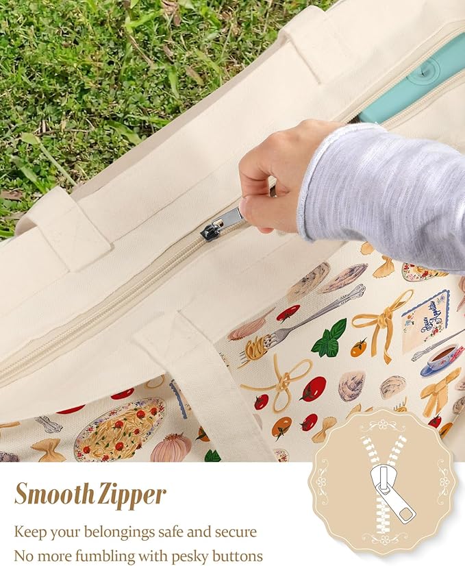 Large Tote Bag for Women - Canvas Tote Bag with Zipper Aesthetic Reusable Shoulder Bag for Gym, Travel, Work