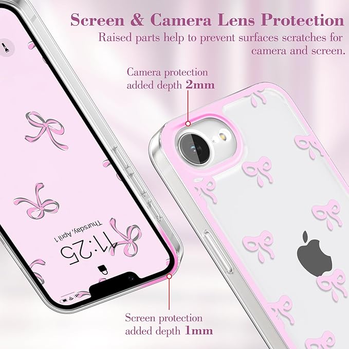 EYZUTAK Case for iPhone 16e, Clear Cute Ribbon Bowknot Pattern Aesthetic Transparent Phone Case Raised Camera Protection Stylish Slim Soft Durable TPU Protective Cover for Women Girls - Pink