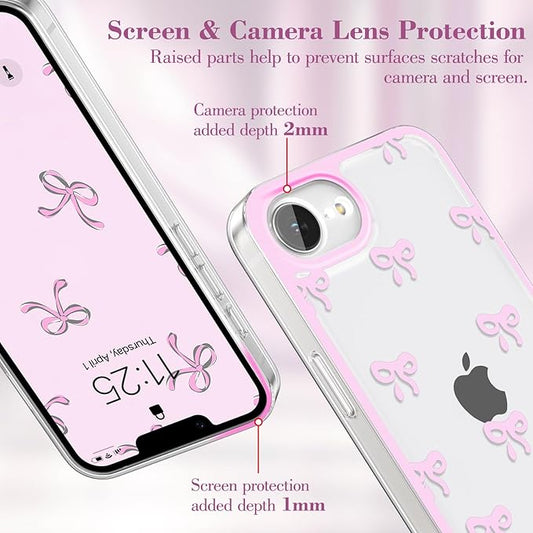 EYZUTAK Case for iPhone 16e, Clear Cute Ribbon Bowknot Pattern Aesthetic Transparent Phone Case Raised Camera Protection Stylish Slim Soft Durable TPU Protective Cover for Women Girls - Pink
