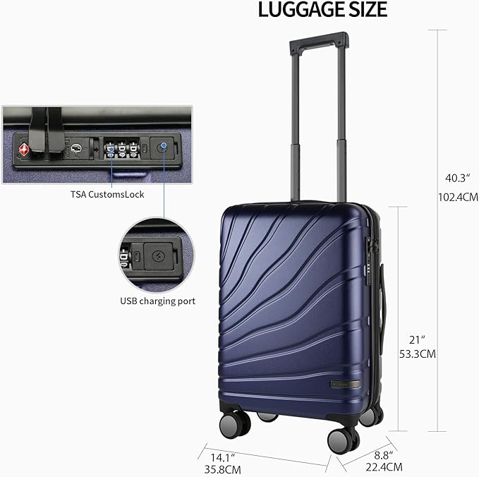 VANKEAN Carry On Luggage with Spinner Wheels & TSA Lock, Expandable Fashionable Hard Shell Suitcase airline approved，20 Inch Carry-On，Navy