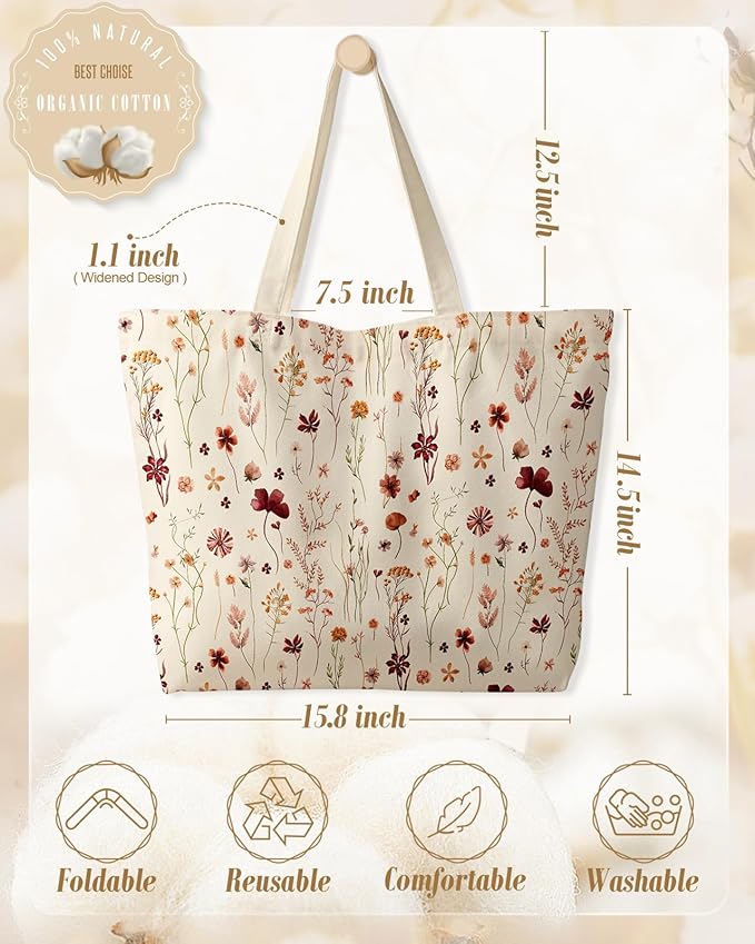 Large Tote Bag for Women - Canvas Tote Bag with Zipper Aesthetic Reusable Shoulder Bag for Gym, Travel, Work