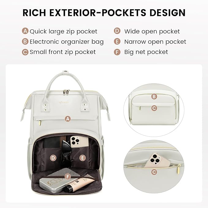 LOVEVOOK Leather Laptop Backpack for Women 17 inch,Travel Backpacks Purse Nurse Teacher Backpack Computer Laptop Bag,Professional College Business Work Bags Carry On Backpack with USB Port,Beige White