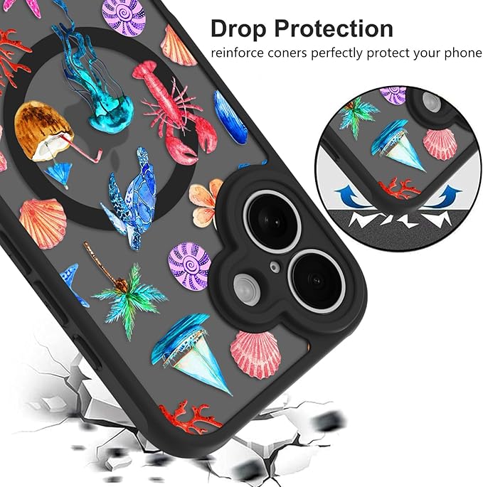 KANGHAR Case for iPhone 16 Plus [Compatible with Magsafe] Cute Flower Floral Sea Turtles Coconuts Jellyfish Collage Summer Pattern Protective Magnetic Case for Girls Women 6.7"
