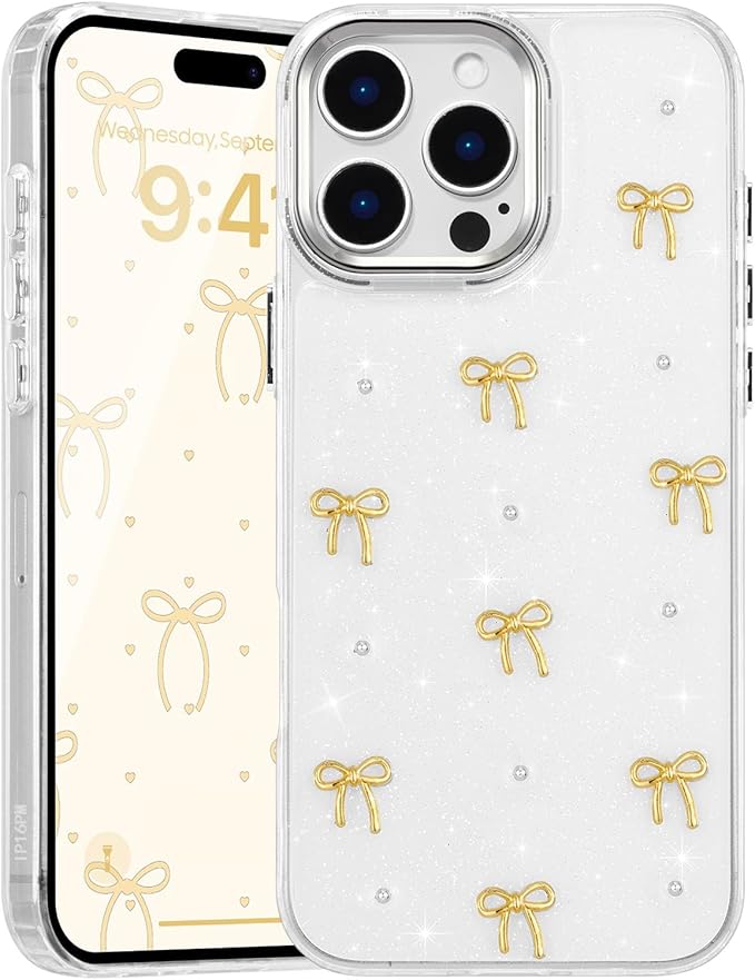 EYZUTAK Case for iPhone 16 Pro Max, Bling Glitter 3D Bowknot Phone Case Cute Sparkly Crystal Clear Bow Aesthetic Design Case Slim Soft Durable TPU Transparent Protective Cover for Women Girls-Gold Bow