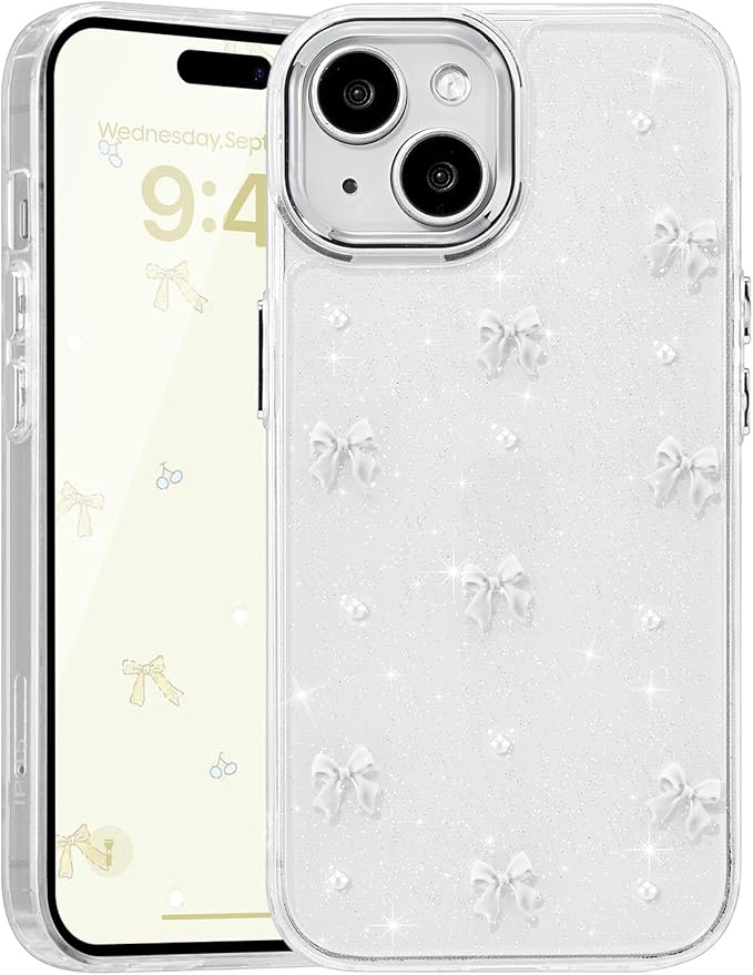 EYZUTAK Case for iPhone 15, Bling Glitter 3D Bowknot Phone Case Cute Sparkly Crystal Clear Bow Aesthetic Design Case Slim Soft Durable TPU Transparent Protective Cover for Women Girl - White Bow