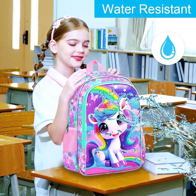 3Pcs Unicorn Backpack for Girls, 16" School Backpacks Set for Elementary Preschool Kindergarten, Kids Bookbag with Lunch Box(Pink)