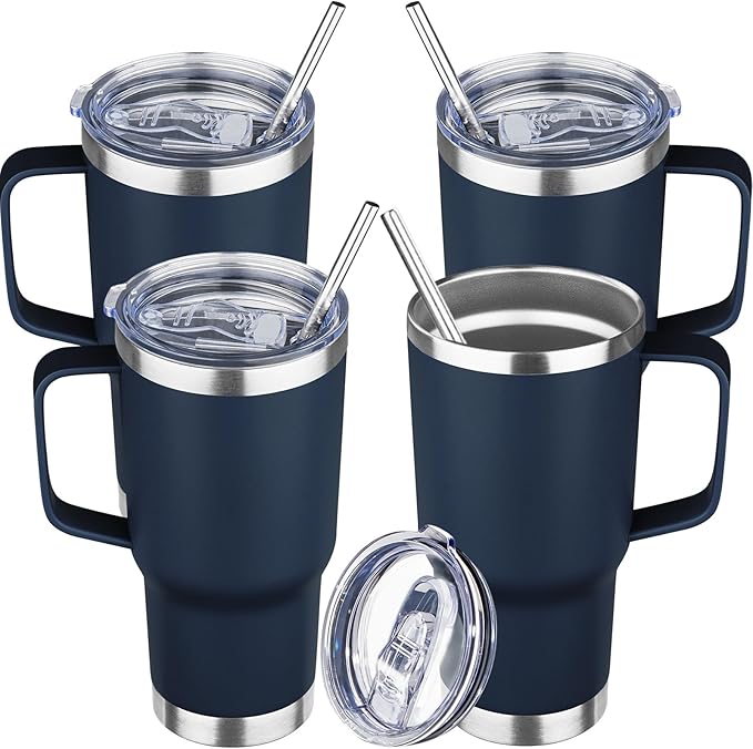 20 oz Tumbler with Handle Stainless Steel Insulated Coffee Mug Tumbler with Lid and Straw Double Wall Vacuum Insulated Coffee Mug Leak Proof Travel Mug Tumbler for Hot and Cold Drink (Navy Blue,4pack)