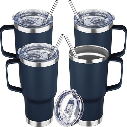 20 oz Tumbler with Handle Stainless Steel Insulated Coffee Mug Tumbler with Lid and Straw Double Wall Vacuum Insulated Coffee Mug Leak Proof Travel Mug Tumbler for Hot and Cold Drink (Navy Blue,4pack)