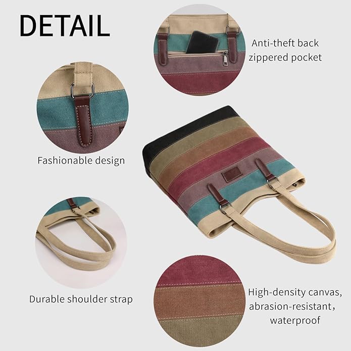 Striped Canvas Tote Bag - Multi-Color Crossbody Shoulder Purse Tote-Handbag for Women
