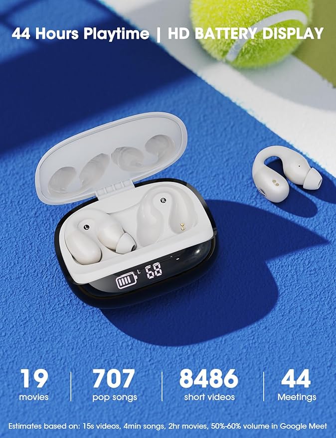 Open Ear Wireless Earbuds, Bluetooth 5.4 Clip on Earbuds with Mic, Open Ear Headphones with Charging Case LED Display, 44H Play, IP54 Waterproof, Lightweight Comfort for Running Sport Workout (White)