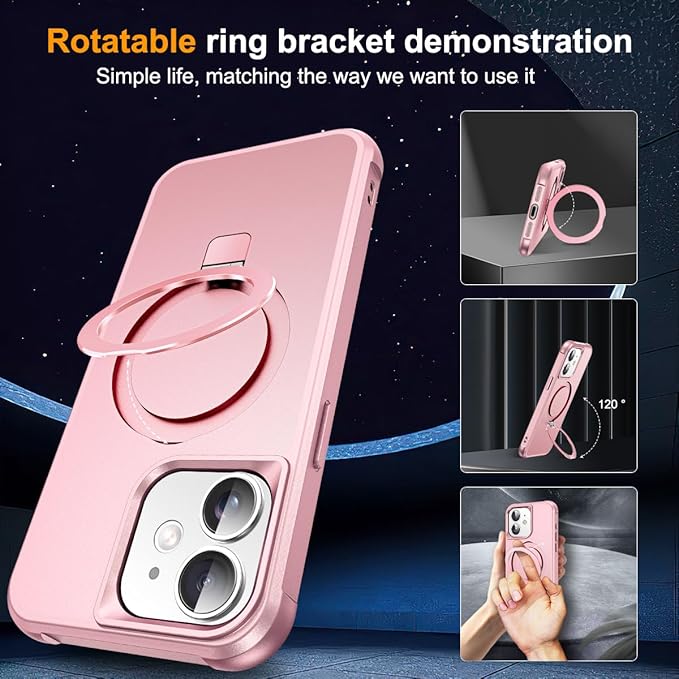 Compatible with iPhone 12 Case & iPhone 12 Pro Case 6.1" with Invisible Magnetic O-Ring Stand [Compatible with Mag-Safe][Great Grip Feeling], Rose Gold