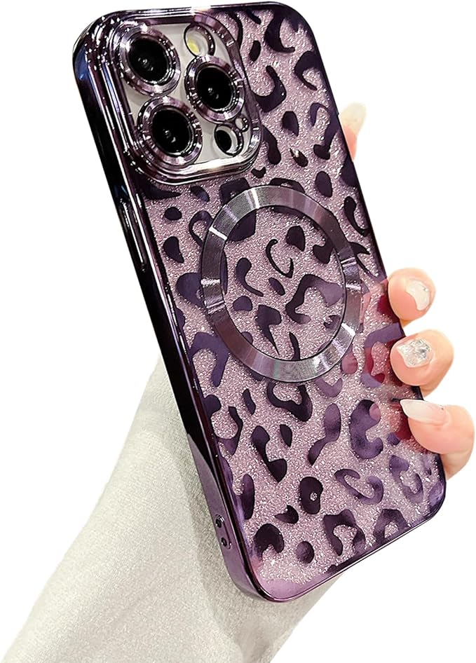 for iPhone 12 Pro Case Magnetic,Soft Cute Luxury Leopard Cheetah Pattern Plating Glitter Bling Phone Case Compatible with MagSafe Clear Shockproof Back Cover for Women Girl 6.1"-Purple