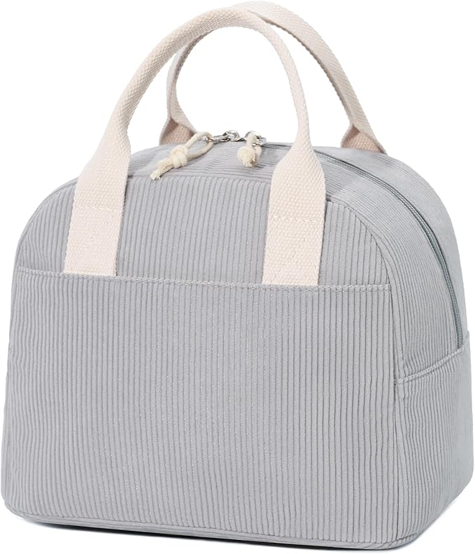 Insulated Lunch Bag for Women Men, Stylish Corduroy Tote Bag with Aluminum Lining, Large Capacity Reusable Cooler for Work, Travel, or Beach, Cloud Gray Lunch Box