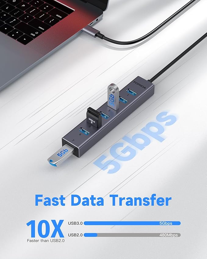 FORIDA USB C to USB Hub, 8 Ports USB 3.0 Adapter with 7 USB 3.0 Data Ports,USB Splitter with USB C 5V/3A Power Port, 9.8N/25CM Main Cable for Laptop PC and More (Dark Gray, 9.8 in)