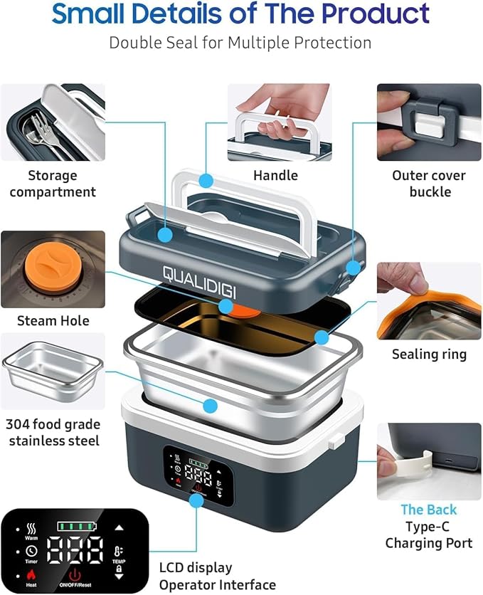 Cordless Electric Lunch Box for Adults, Rechargeable 16000mAh Battery Powered, 60W Self Heating Lunch Box with Smart Reservation and Keep Warm Function for Car/Truck/Office/Travel