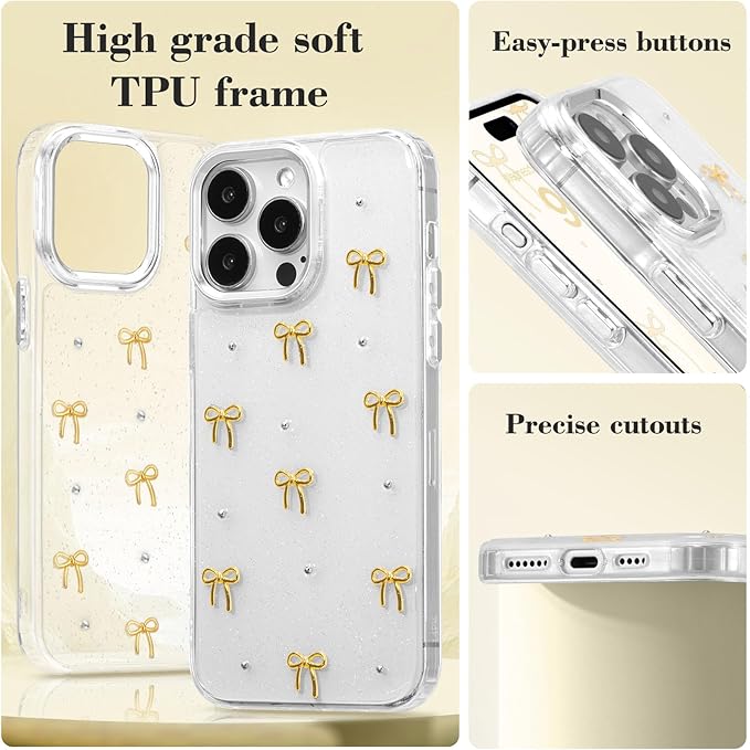EYZUTAK Case for iPhone 13 Pro, Bling Glitter 3D Bowknot Phone Case Cute Sparkly Crystal Clear Bow Aesthetic Design Case Slim Soft Durable TPU Transparent Protective Cover for Women Girls - Gold Bow