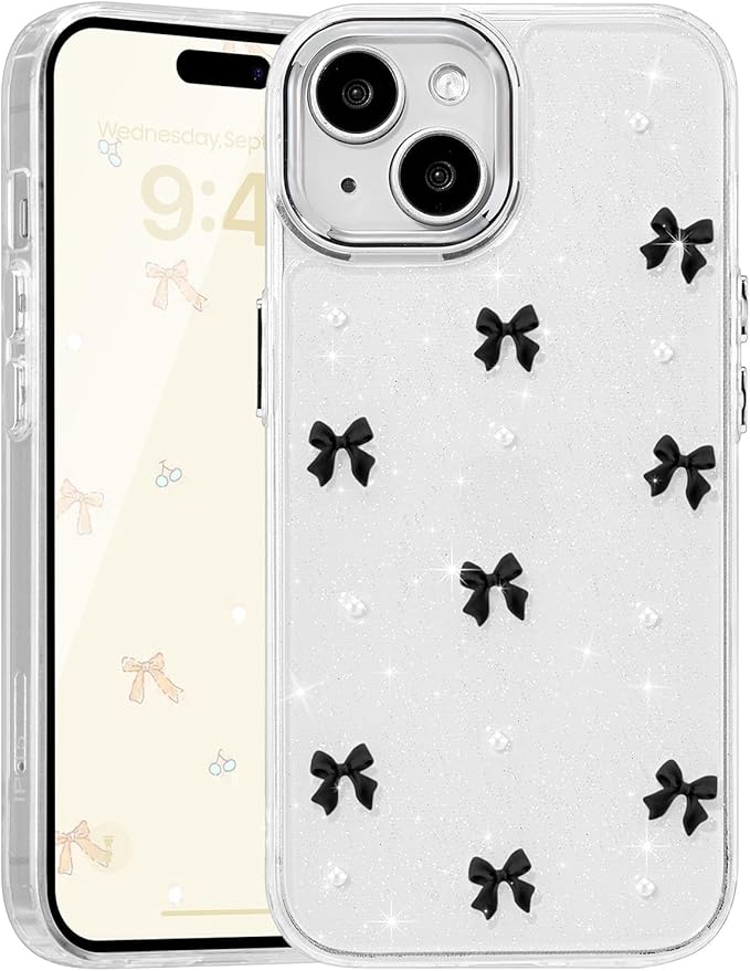 EYZUTAK Case for iPhone 15, Bling Glitter 3D Bowknot Phone Case Cute Sparkly Crystal Clear Bow Aesthetic Design Case Slim Soft Durable TPU Transparent Protective Cover for Women Girl - Black Bow