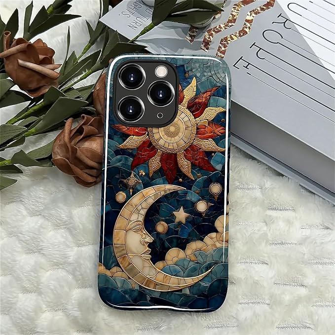 Case for iPhone 11 Pro Case,Sun Moon Stars Faux Stained Glass Design - Hybrid Dual Protection Silicone + Hard PC Shockproof Full Body Cover Slim Anti-Scratch Protective Case for Men Women