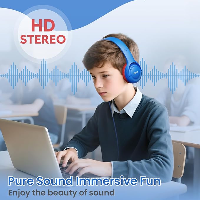 acer Kids Headphones Wired for School - Over-Ear 85/94dB Volume Limiter, 3.5mm Jack Foldable Stereo Sound Headset for Toddlers Girls Boys Travel Learning Entertainment Tablet Kindle iPad PC,Blue Red