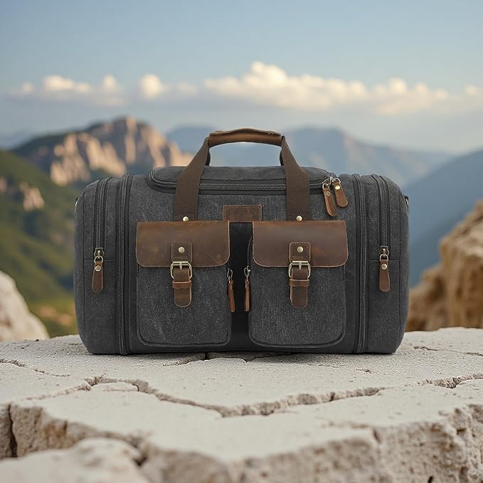 Imyth Retro Crazy Horse Leather Canvas Duffle Bag 60L Expandable Travel Bag for Airplanes (Black)
