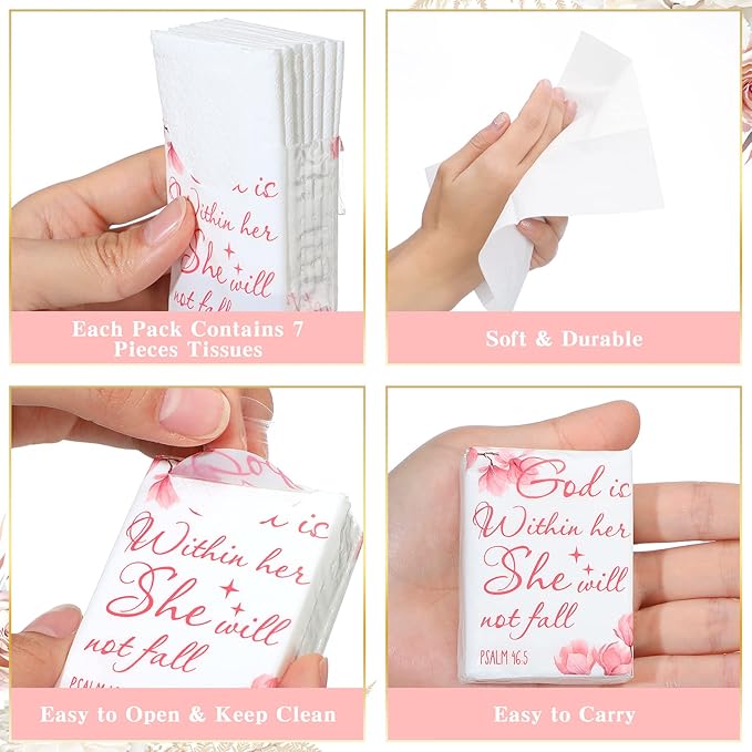 Yinder 100 Pack Christian Pocket Tissues Bible Verse Travel Size Tissue Packs 3 Ply God Is Within Her Facial Paper Gifts for Women Graduation Wedding Religious Party Breast Cancer Awareness Favors