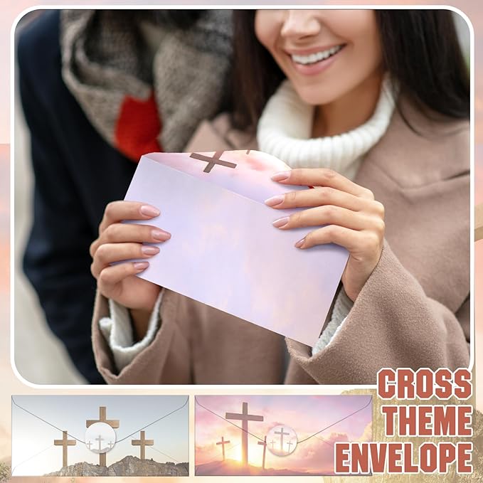 TaoBary 160 Pcs Stationery Paper Set 50 Double Sided Stationery Papers with 50 Matching Envelopes and 60 Round Dot Sticker, 10 Design(Religious Letter with Cross,8.5 x 11 Inch)