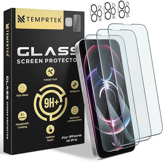 TEMPRTEK+[3+3 Pack for iPhone 14 Pro Screen/Camera Protector 6.1" Tempered Glass [Case Friendly] Anti Scratch/Fingerprint [Full Coverage] 9H+ Hardness