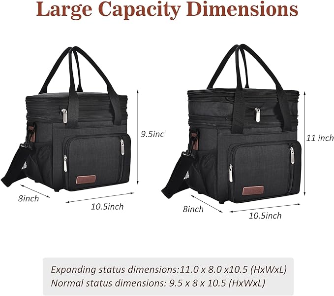 LOKASS Lunch Box for Women, 16L, Double Deck Expandable Insulated Lunch box For Adults/Women Thermal Large Waterproof Leakproof Cooler Bag with Shoulder Strap - Black