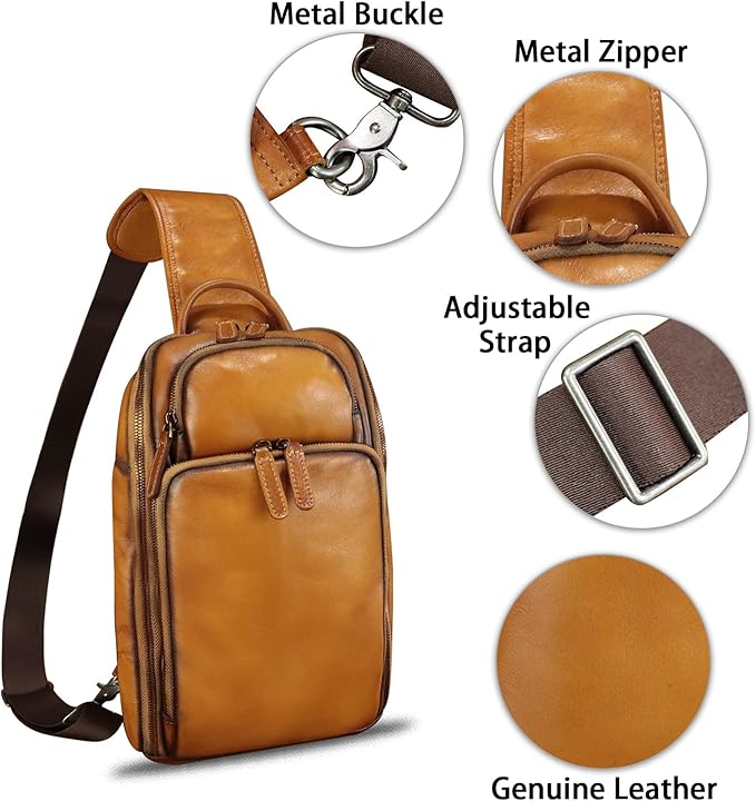Genuine Leather Sling Bag for Men and Women Vintage Leather Sling Backpack Crossbody Bag Chest purse for 11 Inch Ipad Pro