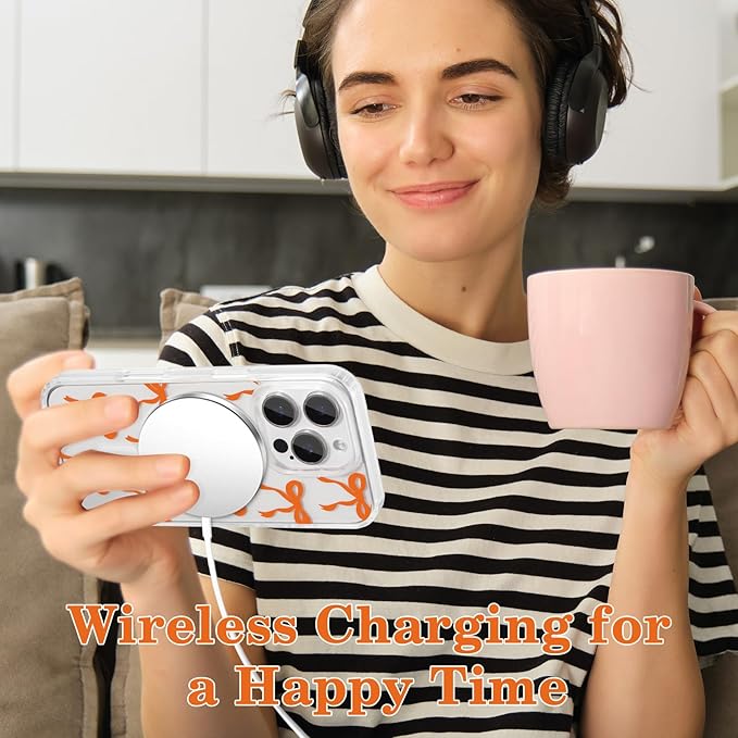 UEEBAI Magnetic for iPhone 16 Pro Case, Bow Case Compatible with MagSafe, Wireless Slim Clear Ribbon Aesthetic Phone Cover Anti-Yellowing Shockproof Protective Cover for Women Girl - Orange