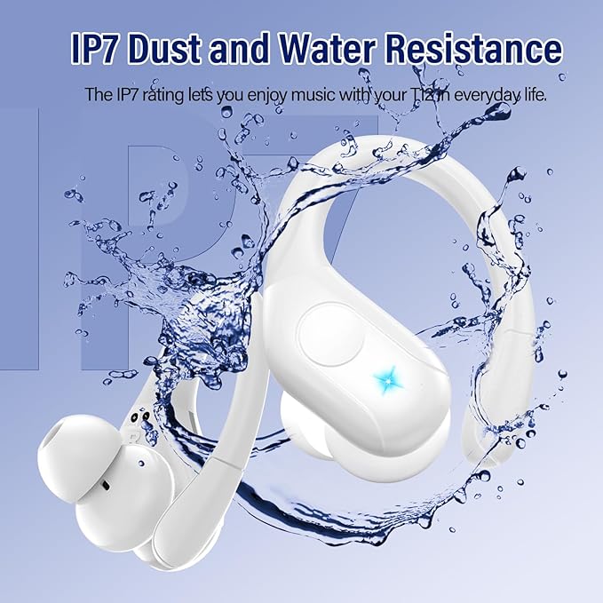 Wireless Earbuds Bluetooth 5.4 Headphones 75H Stereo Deep Bass Sports Over Ear Buds with Earhooks, LED Display Bluetooth Earbuds with 4 ENC Mic, IP7 Waterproof Earphone for Running, White
