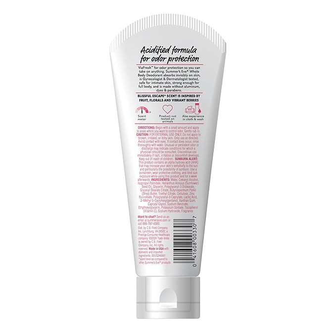 Summer's Eve Blissful Escape Whole Body Deodorant for Women, Aluminum-Free Ultimate Odor Control Cream, 3 Oz