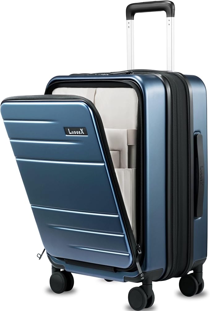LUGGEX Carry On Luggage 22x14x9 Airline Approved, Expandable Polycarbonate Suitcase with Front Pocket (Blue, 20 Inch, 38L)