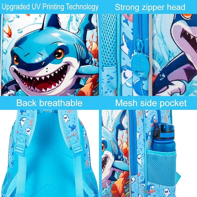 CCJPX 3PCS Shark Backpack for Boys, 16 Inch Kids Water Resistant Preschool Bookbags, Cool Kindergarten School Backpacks and Lunch Box
