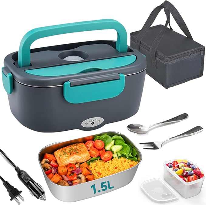 80W Electric Lunch Box for Car & Truck,12V/24V/110V Green Portable Warmer with 304 Stainless Steel Container,Ideal for Drivers & Office(Gray + Blue)