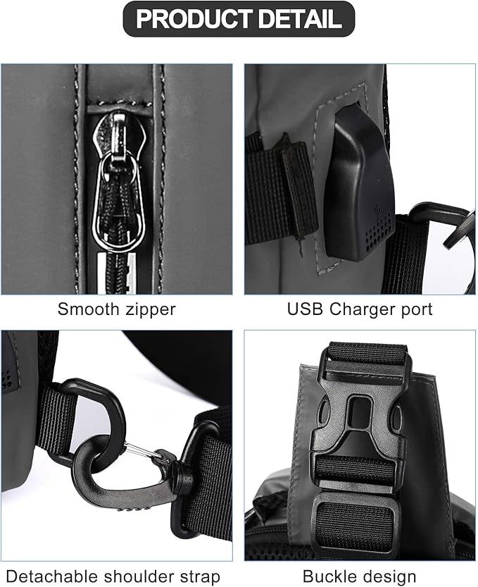 Grey Sling Crossbody Backpack Shoulder Messenger Bag for Men, Mini Anti Theft One Strap Motorcycle Backpack Sling Tactical Chest Bag for Hiking Walking Biking Travel Cycling