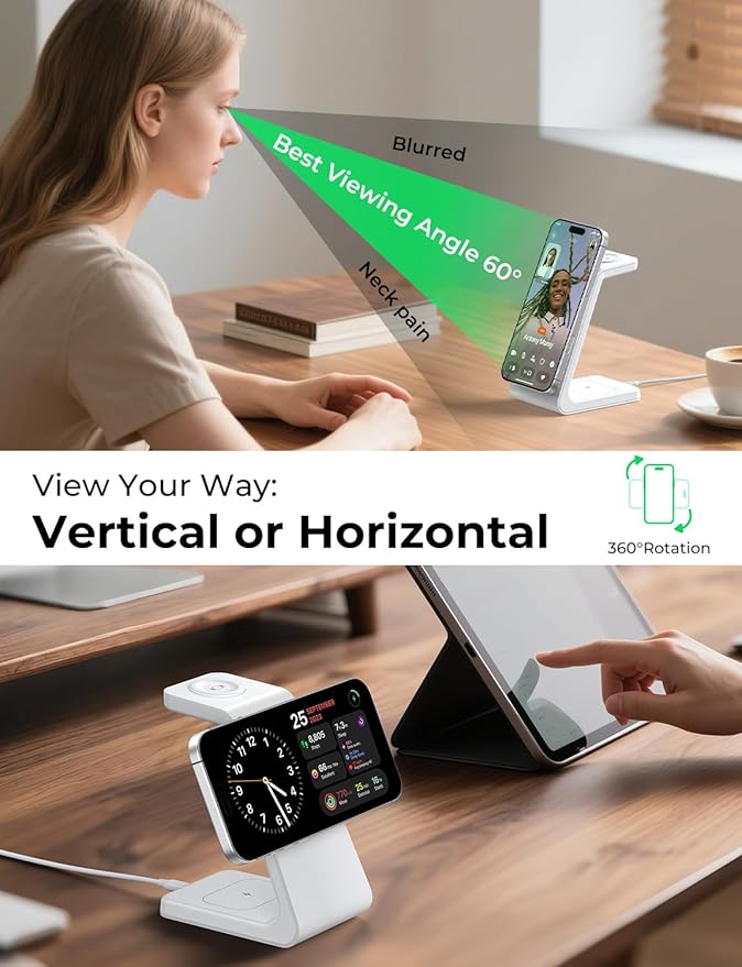 3 in 1 Wireless Charging Station for Apple Mag Safe Charger, 15W Fast Mag-Safe Charger Stand Compatible with iPhone 17 16 15 14 13 12, Apple Watch Charger & Airpods, Gifts for Wife & Husband, White