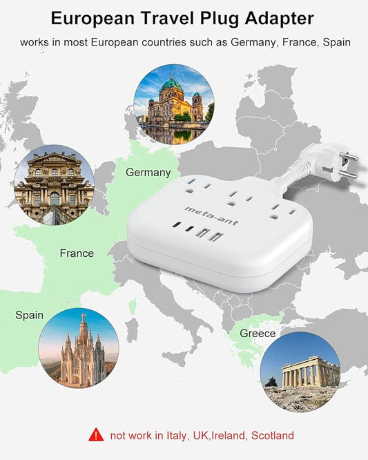 European Travel Plug Adapter 3 inch, International Plug Adapter, US to Europe Plug Adapter with 3 Outlets 4 USB Ports(2 USB C), Type E F Power Adapter to Italy Spain France Portugal Iceland Germany
