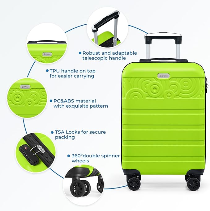 Krute Carry On Luggage 20 inch Suitcase with Spinner Wheels Airline Approved Hard Shell Luggages PC ABS TSA Lock Suitcase