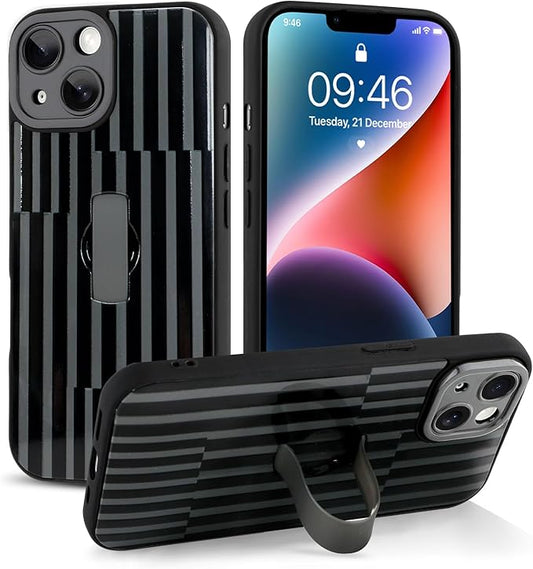 Compatible with iPhone 14 Case with Finger Hand Strap Kickstand, Trendy Cool Striped Phone Case for Women Men, Full Camera Protection Shockproof Protective Cover, Black Stripes