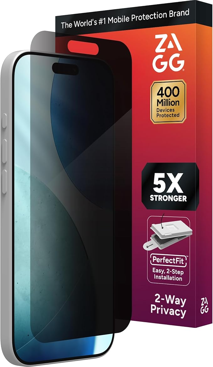 ZAGG Glass Elite Privacy Screen Protector for iPhone 17 - 5X Stronger Tempered Glass, ClearPrint Technology for Smudge Free Clarity, Smooth Feel, Full Coverage, InvisibleShield, Easy Two-Step Installation