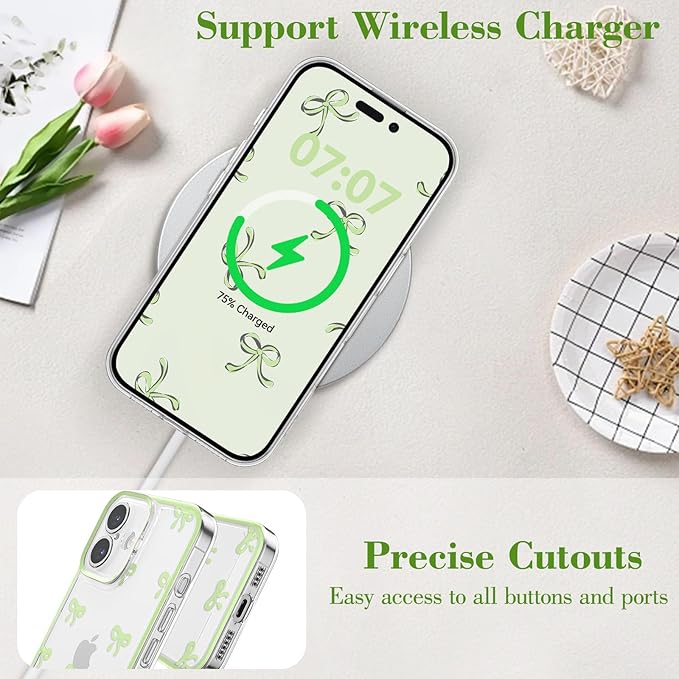 EYZUTAK Case for iPhone 17, Clear Cute Ribbon Bowknot Pattern Aesthetic Transparent Phone Case Raised Camera Protection Stylish Slim Soft Durable TPU Protective Cover for Women Girls - Green
