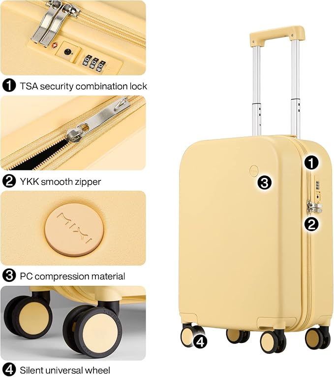 mixi Carry on Luggage, 20'' Suitcase Spinner Wheels Luggage Hardshell Lightweight Rolling Suitcases PC with Cover & TSA Lock for Business Travel, Lark Yellow