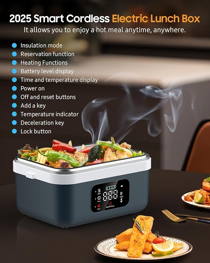 Cordless Electric Lunch Box for Adults, Rechargeable 16000mAh Battery Powered, 60W Self Heating Lunch Box with Smart Reservation and Keep Warm Function for Car/Truck/Office/Travel