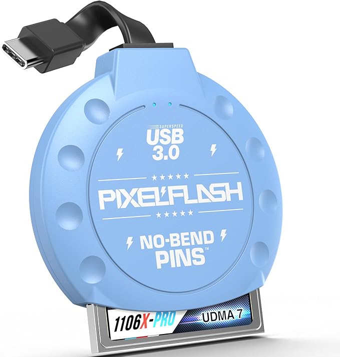 PixelFlash CF Card Reader USB C (Blue) - Compact Flash Memory Card Reader with Cabled Type-C USB 3.1, 5GB/s File Transfer, No-Bend Pins Technology, Supports UDMA-7, Anti-Slip & Anti-Scratch Exterior