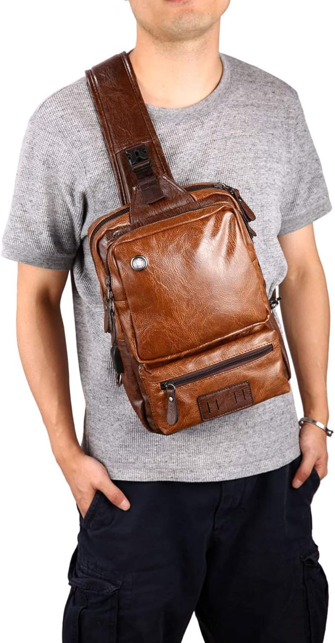 Men's Lightweight PU Leather Sling Bag - Breathable Crossbody Pack with USB Charging Port & 6 Pockets, Easy Access Organizer for Tablet/Gym Essentials - Commute, Travel, Work(Brown)