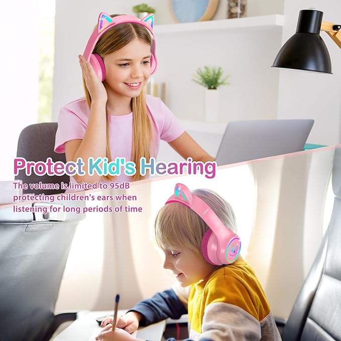 LOBKIN Bluetooth 5.4 Kids Headphones with Case - RGB LED Light Up Cat Ears Foldable Adjustable Over Ear Headphone Support Wireless or 3.5mm Wired Mode for Toddler & Girls & Boys Teens