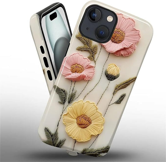 Case for iPhone 15 Case,Faux Embroidery Boho Floral Design - Hybrid Dual Protection Silicone + Hard PC Shockproof Full Body Cover Slim Anti-Scratch Protective Case for Men Women